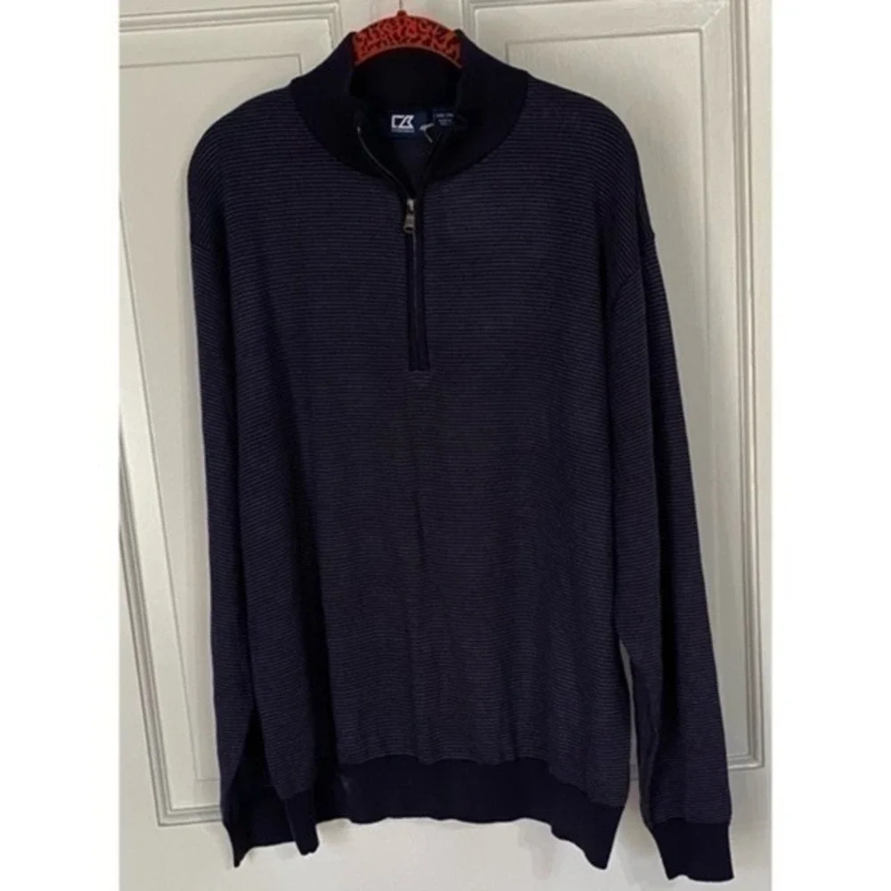 Cutter & Buck Liberty Navy Striped Knit Long Sleeve Half Zip Merino Wool Sweater